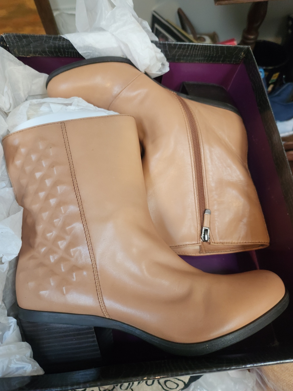 b. makowsky Women's Tan Leather Mid-Calf Boots with Side Zip